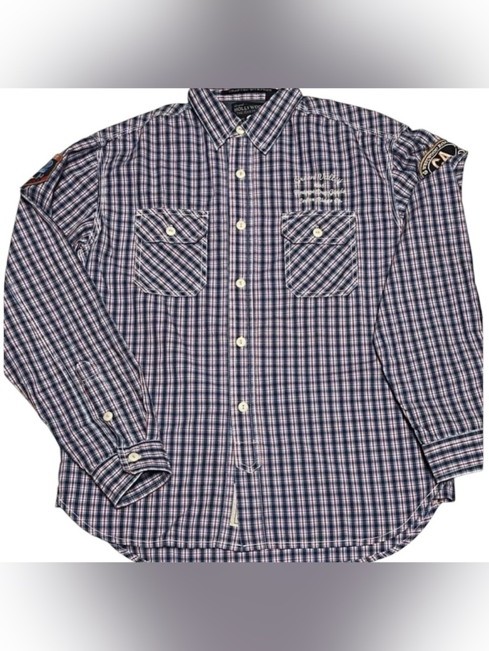 HOLLYWOOD THE JEAN BOYS RETRO PLAID SHIRT BUTTON-UP LONG SLEEVE BLUE/WHITE M **